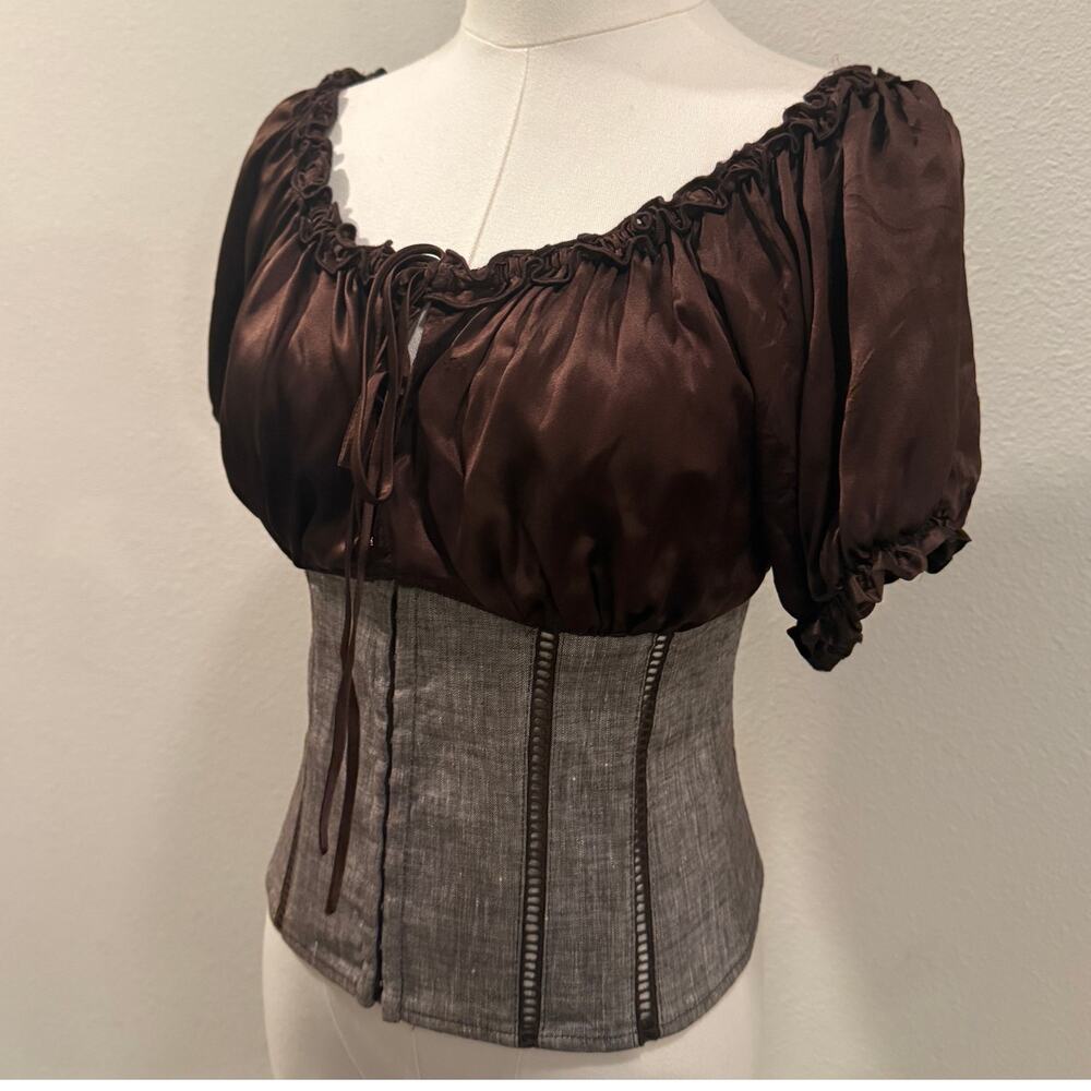 Vintage Bebe Corset Top Silk Milkmaid Chocolate Brown Y2K Coquette Cottagecore 6 - Picture 2 of 9